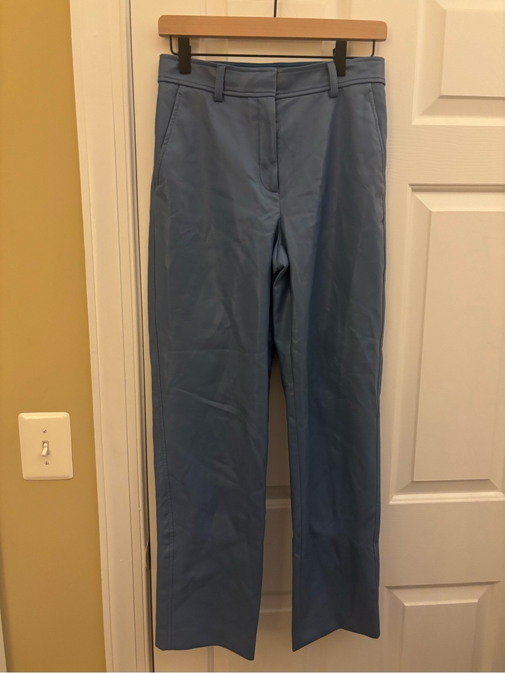 Babaton Dusty Blue Leather-Look Trousers Size 6